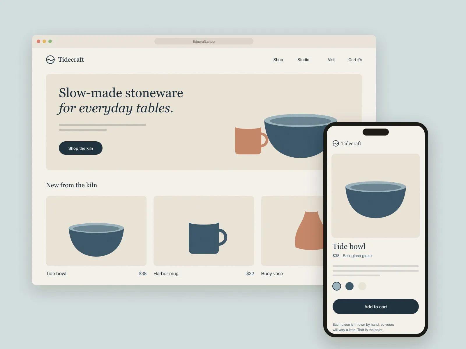 The Tidecraft online shop in a browser window next to the product page on a phone, showing slate blue stoneware bowls and mugs