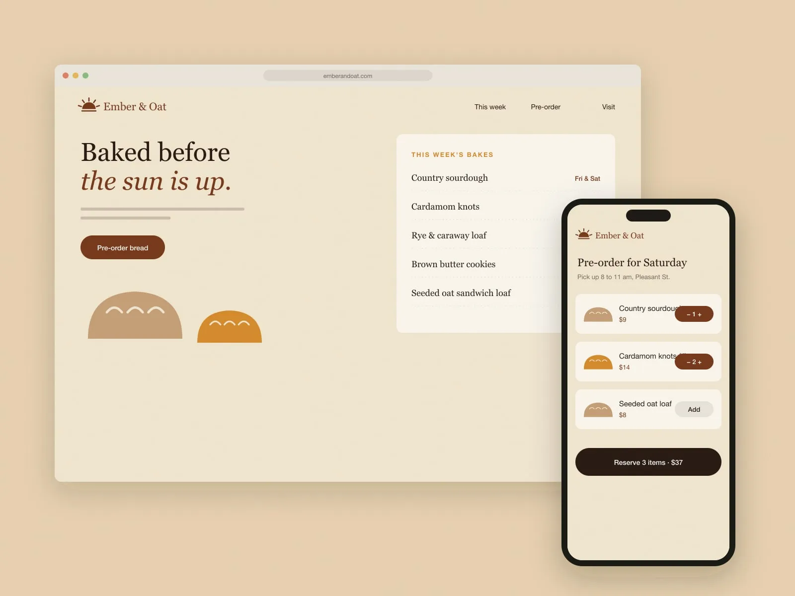 The Ember & Oat website showing this week's bakes, with the Saturday pre-order screen open on a phone