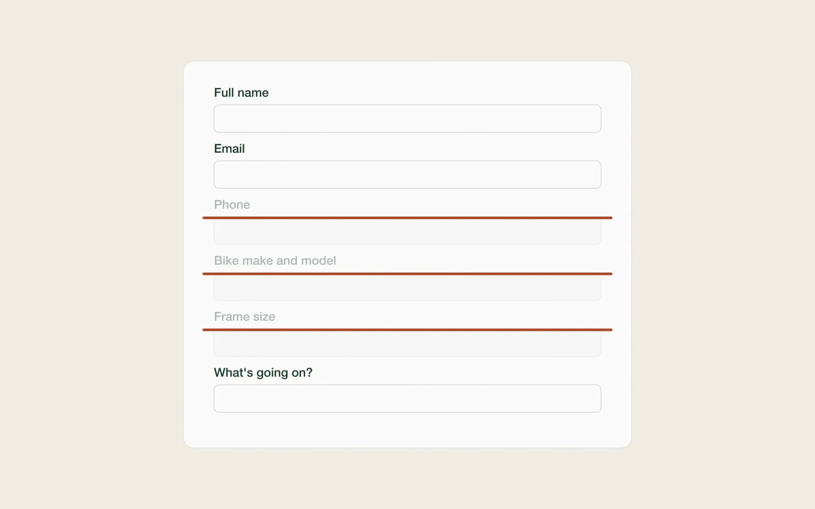 A booking form with six fields, three of them faded and struck through in red