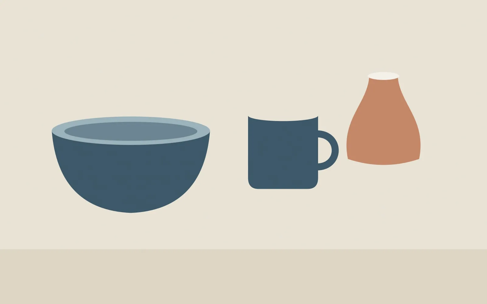 Illustration of a slate blue bowl, a blue mug and a terracotta vase on a cream shelf