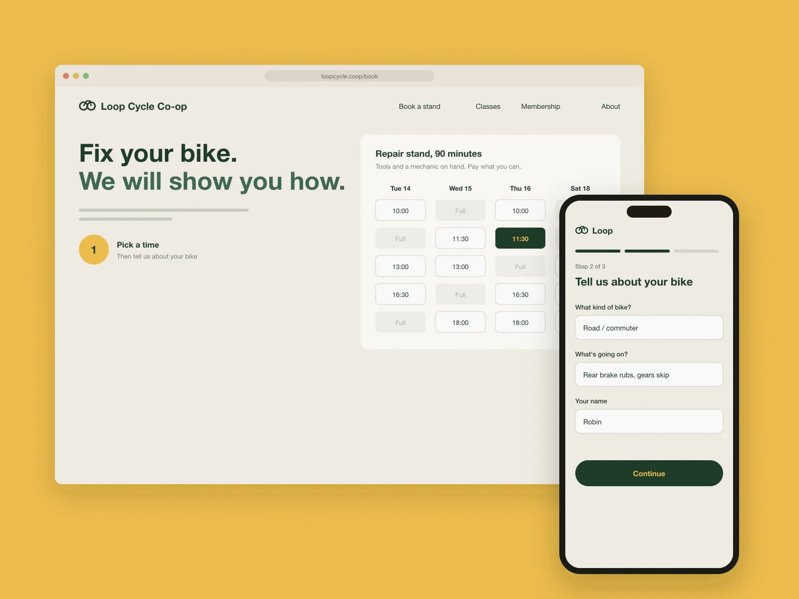 The Loop Cycle Co-op booking page with a week of repair stand time slots, next to the booking form on a phone