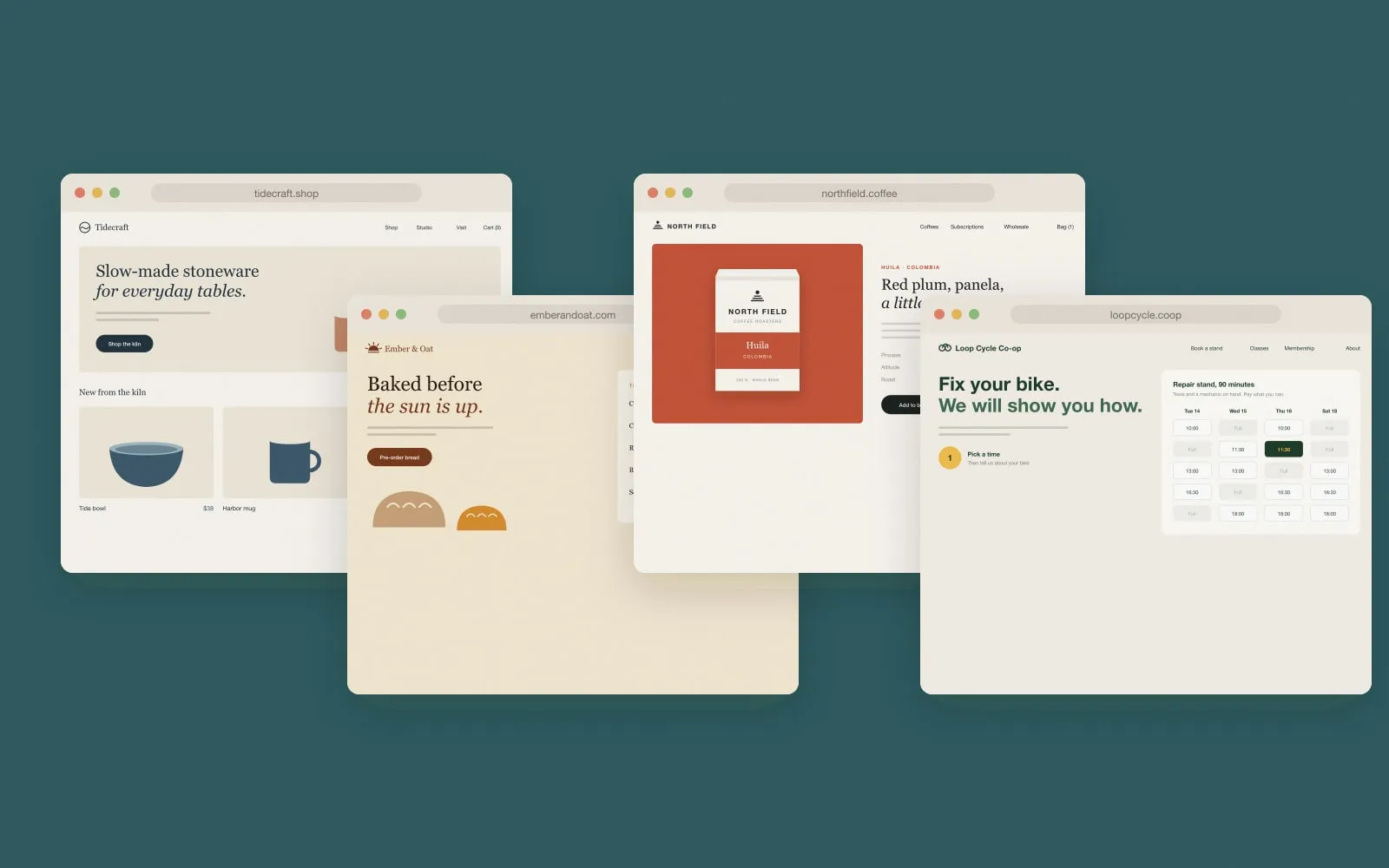 Four small browser windows side by side showing the Tidecraft, Ember & Oat, North Field and Loop websites