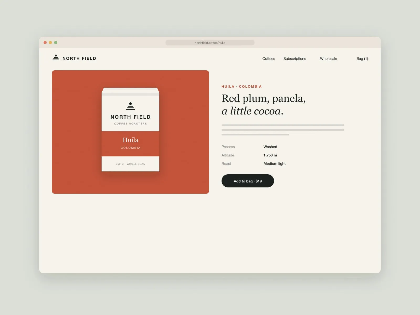 The North Field product page for Huila, Colombia, showing the bag on a red panel beside tasting notes and an add to bag button