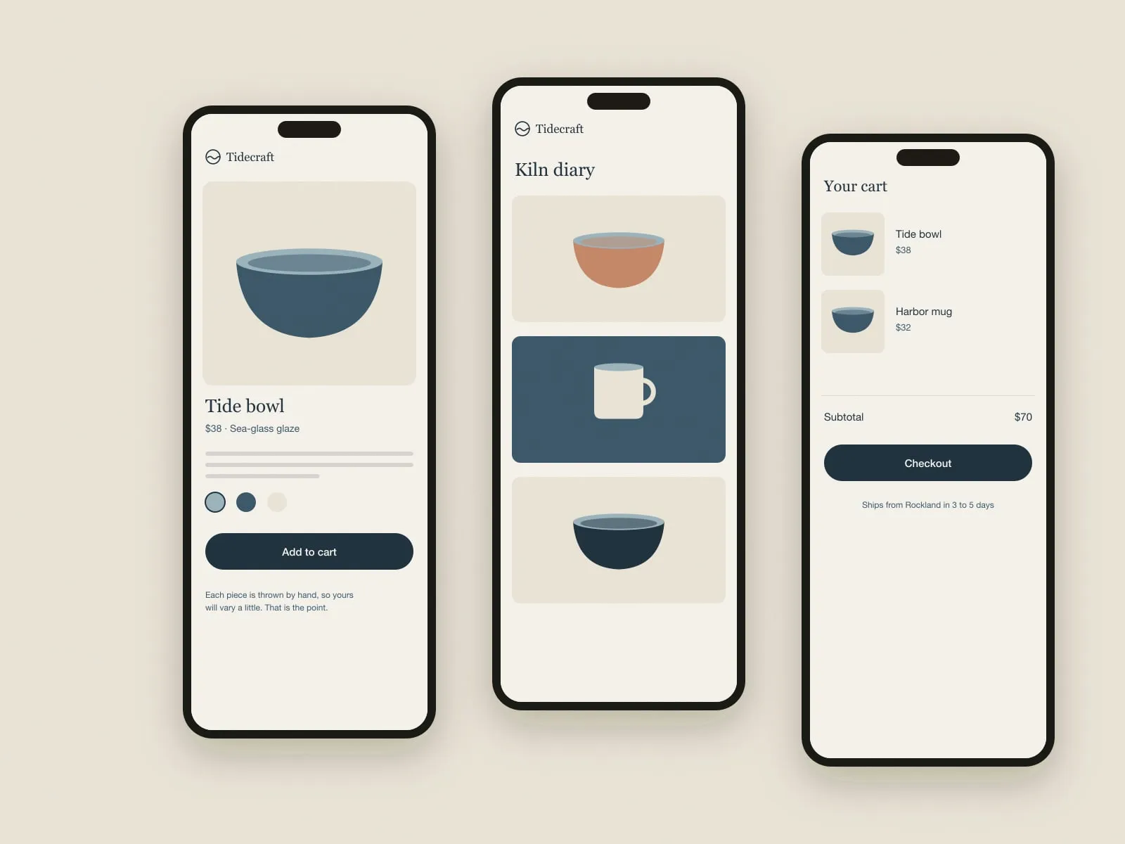 Three phone screens showing a Tidecraft product page, a kiln diary and the cart