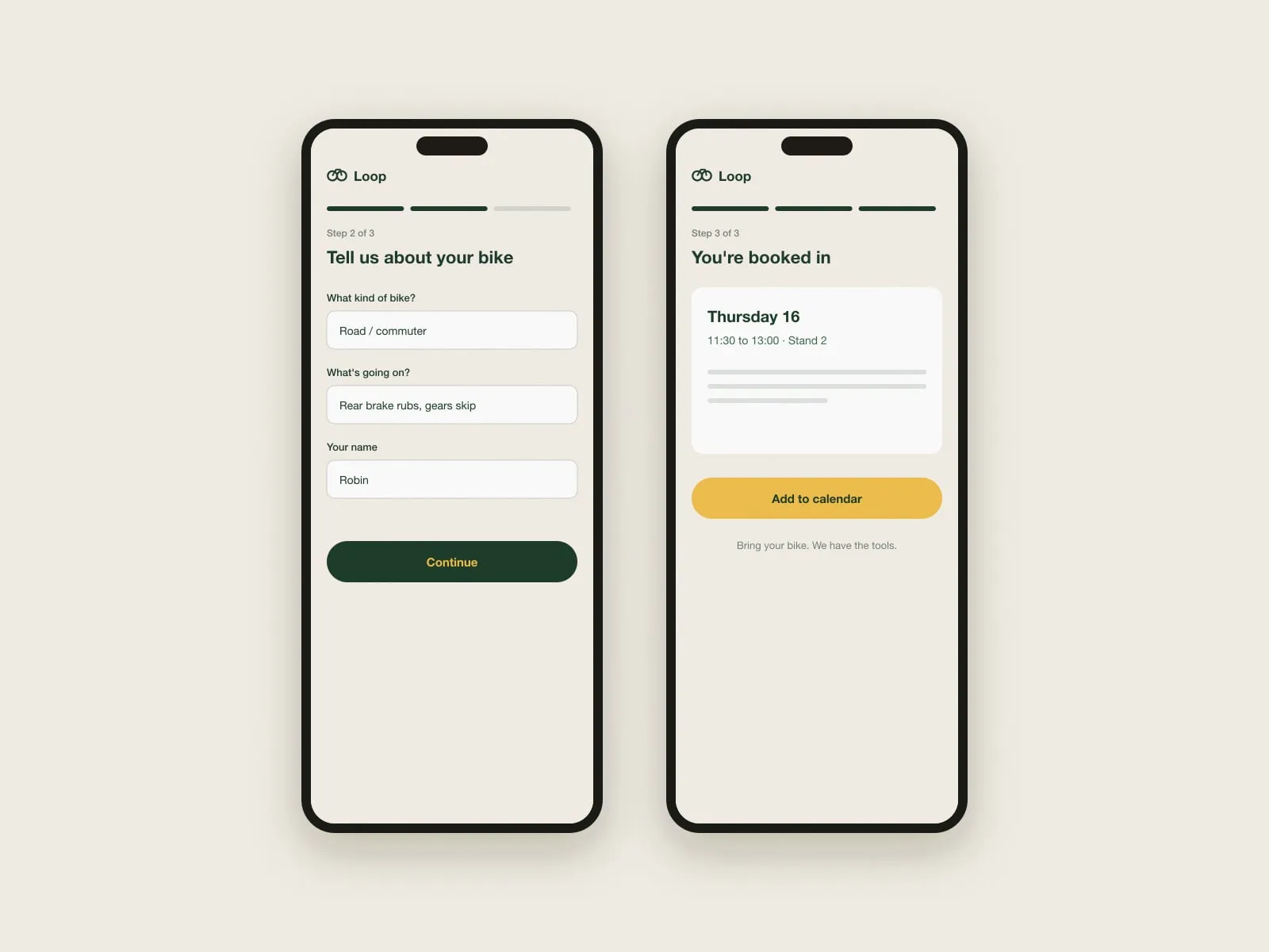 Two phone screens showing step two of the Loop booking form and the booking confirmation for Thursday at 11:30
