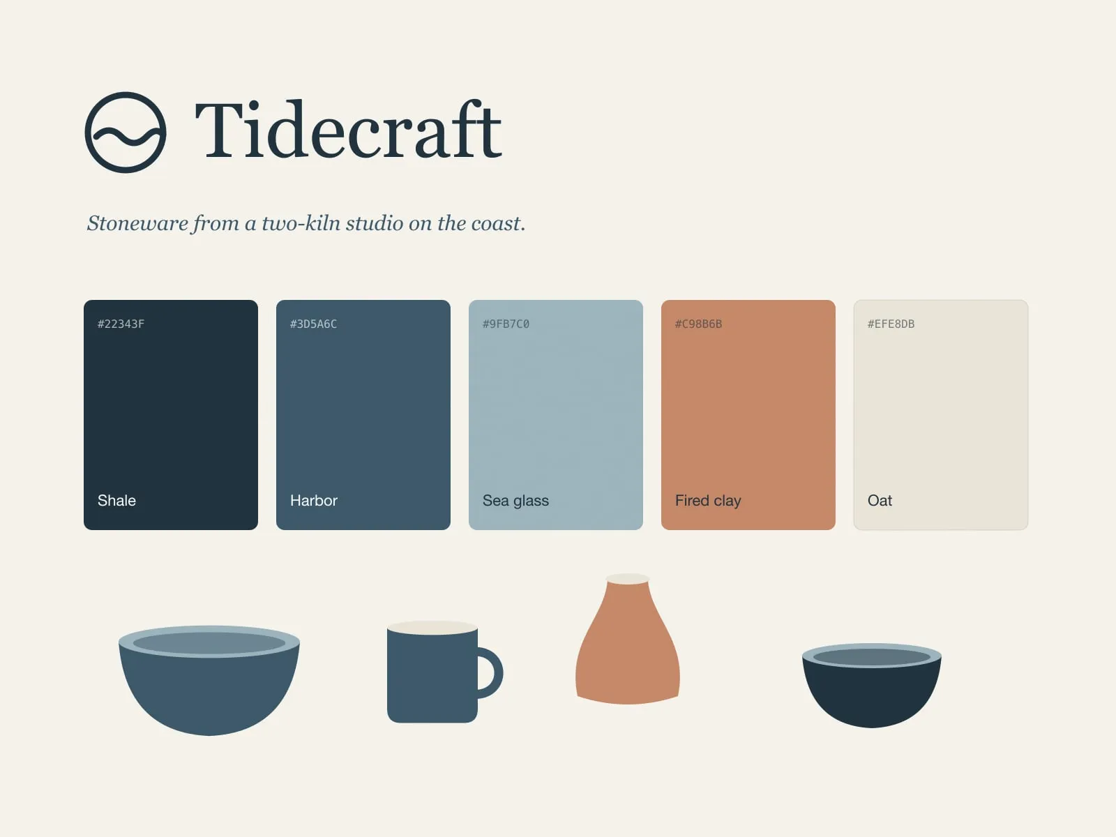 Tidecraft brand sheet with the wave-in-a-circle mark, five glaze colour swatches and drawings of a bowl, mug and vase