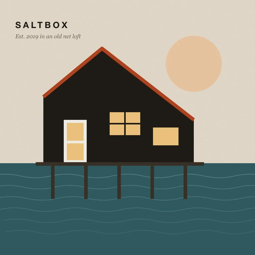 Illustration of the Saltbox studio, a dark saltbox-roofed net loft on stilts over the harbour, with warm lit windows